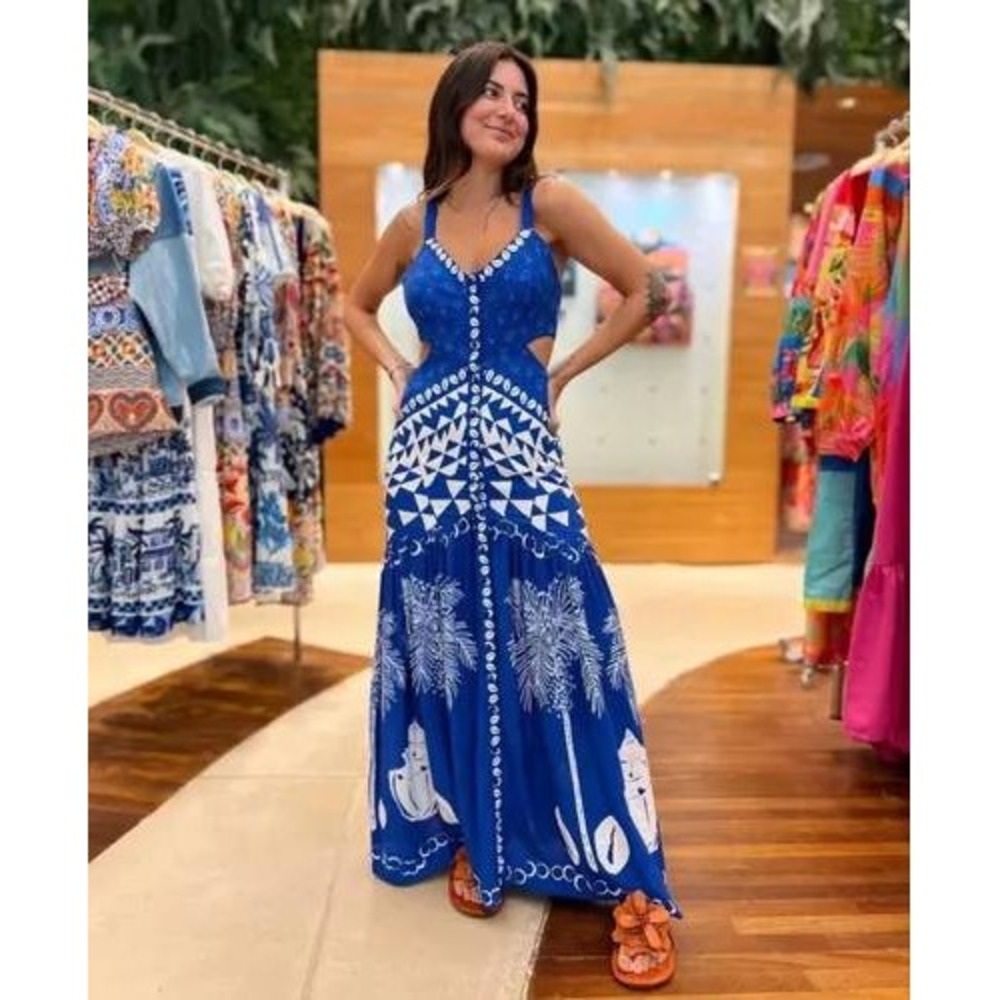 FARM Rio Blue and White Printed Midi Dress
